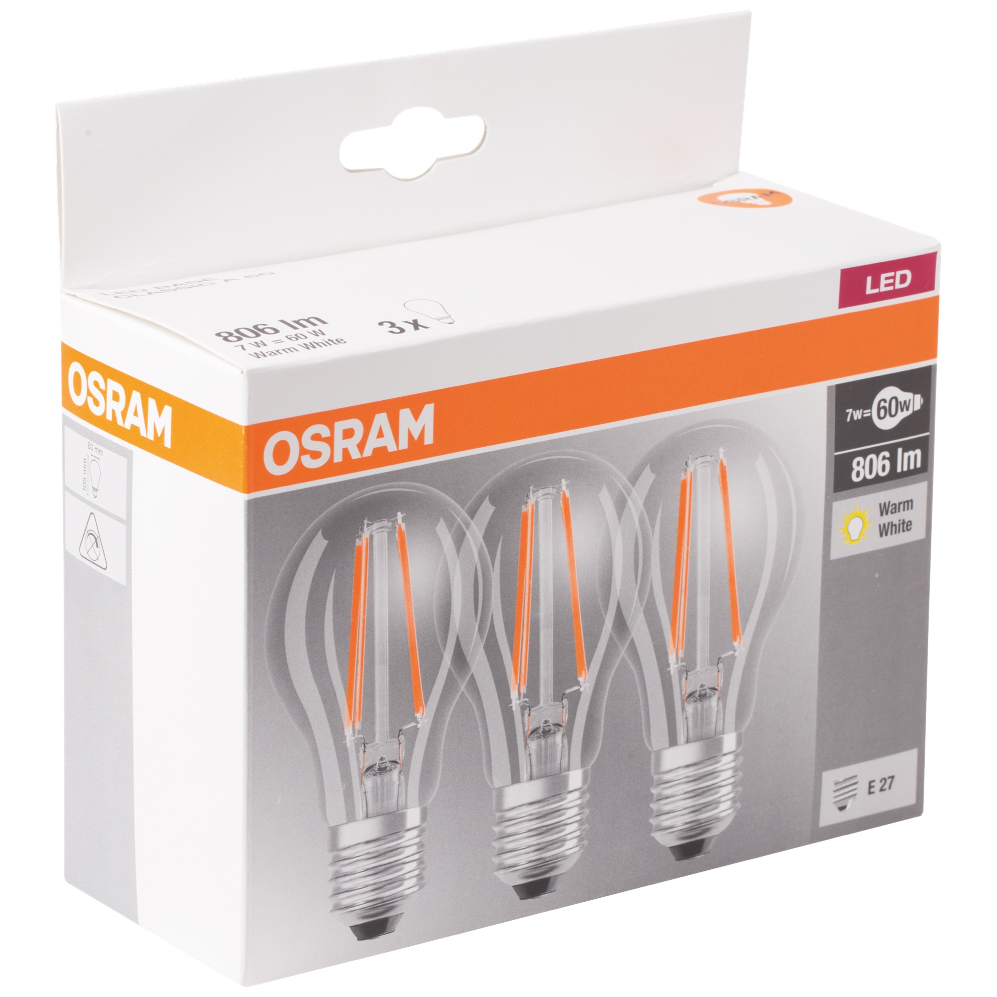 Osram LED Base Clas. číra A60 7W E27 3ks